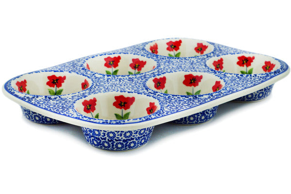 Blue Rose Polish Pottery  Spring Blossom Muffin Pan